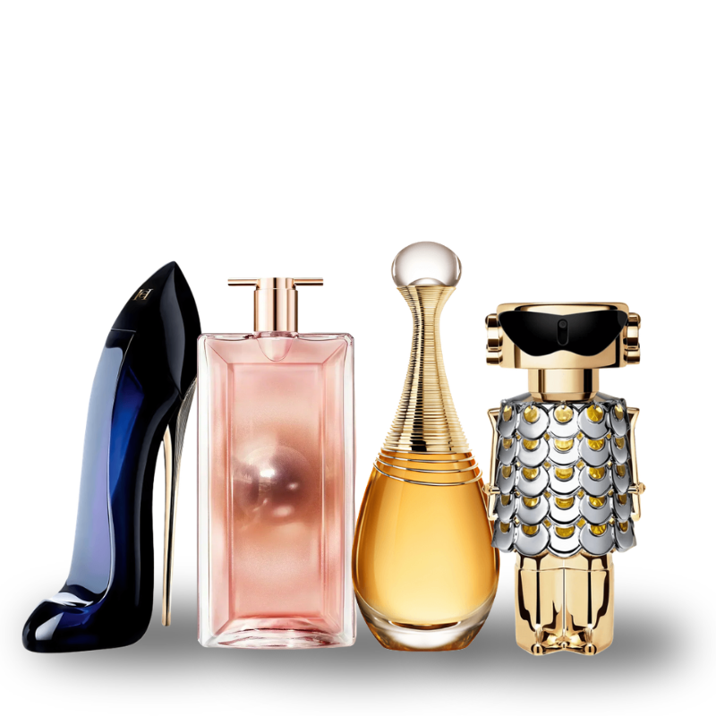 Combo de 4 perfumes Carolina Herrera GOOD GIRL, Lâncome IDOLE, Díor J'ADORE, Paco Rabanne FAME 100ml